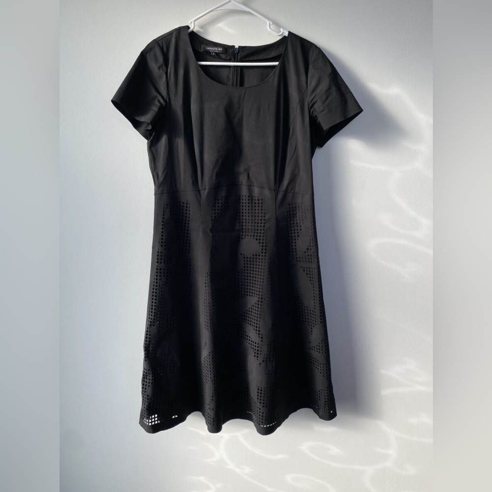 Lafayette 148 scoop neck knee length black cotton dress fancy size 14 lined nwot